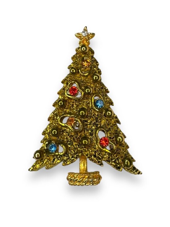 Mode Art Arthur Pepper Christmas Tree Brooch Pin Gold Tone Rhinestone Accents - Picture 1 of 11